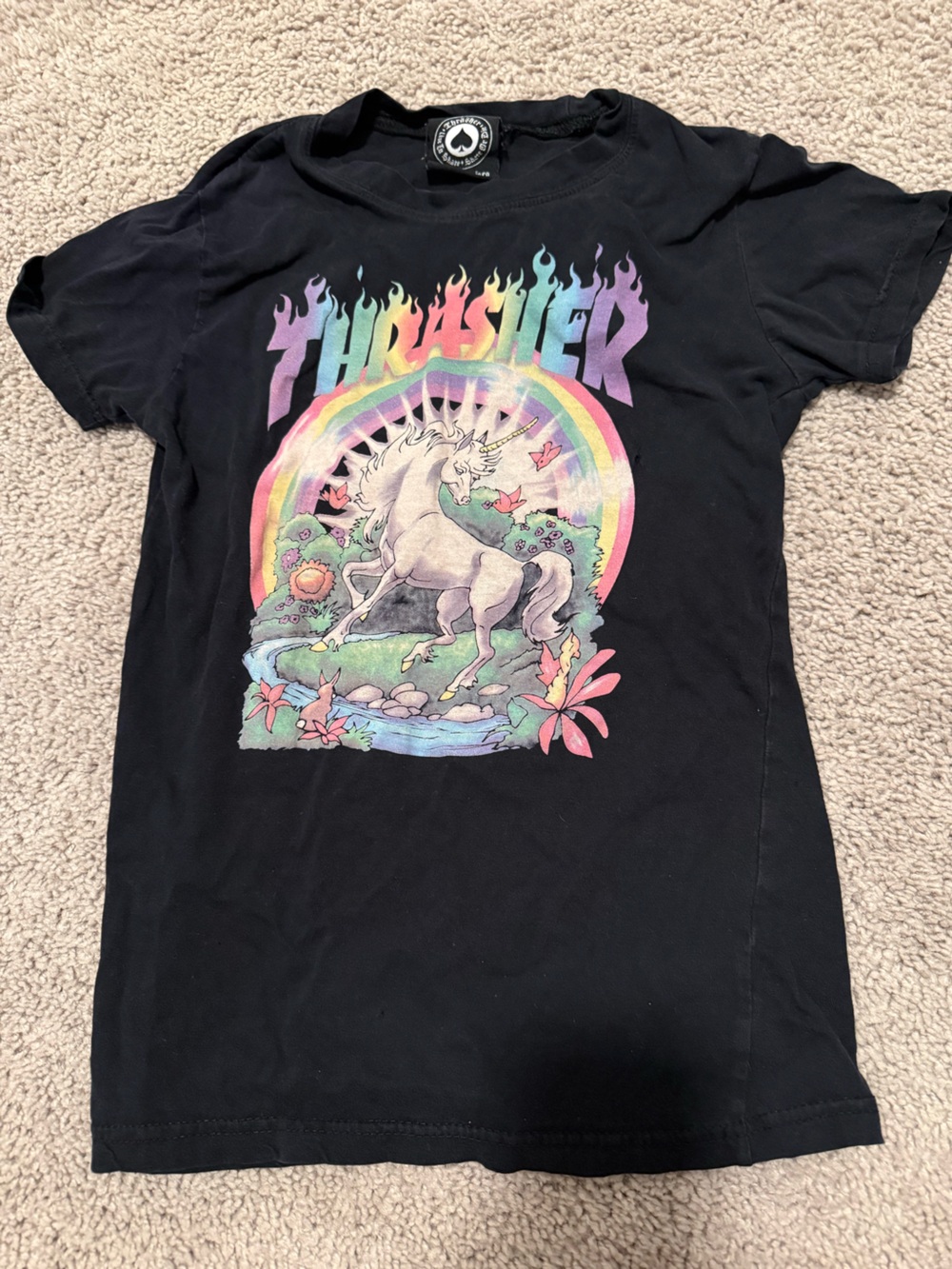 Vintage Thrasher Black Tee with Pastel Rainbow Unicorn Graphic